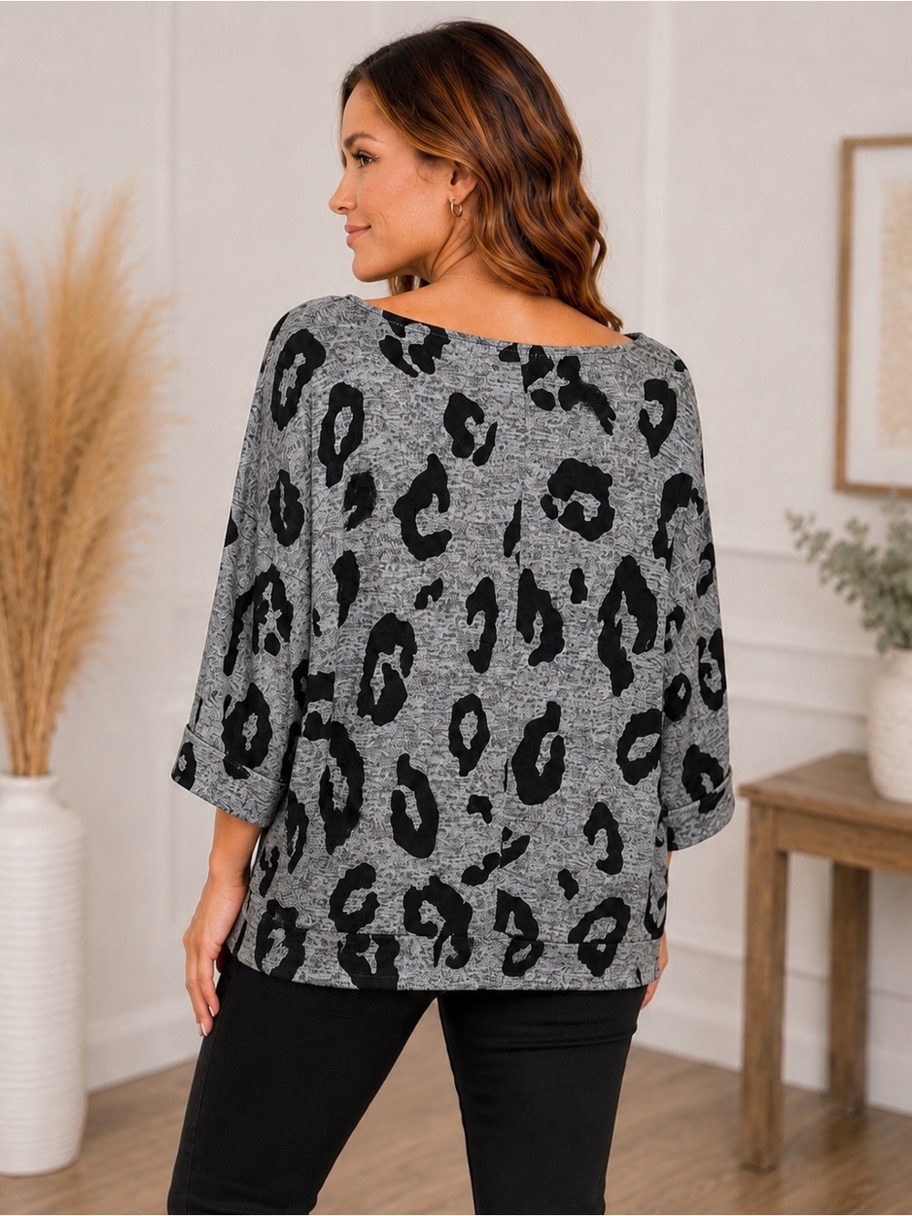 ODDY Gray and Black Leopard Print Tunic Top - Picture 2 of 4